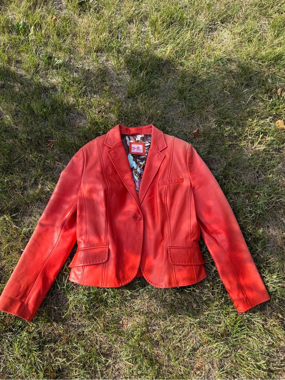 Sheila de Vries Amsterdam Red Leather Blazer Jacket Floral Lining Pick Stitch L
